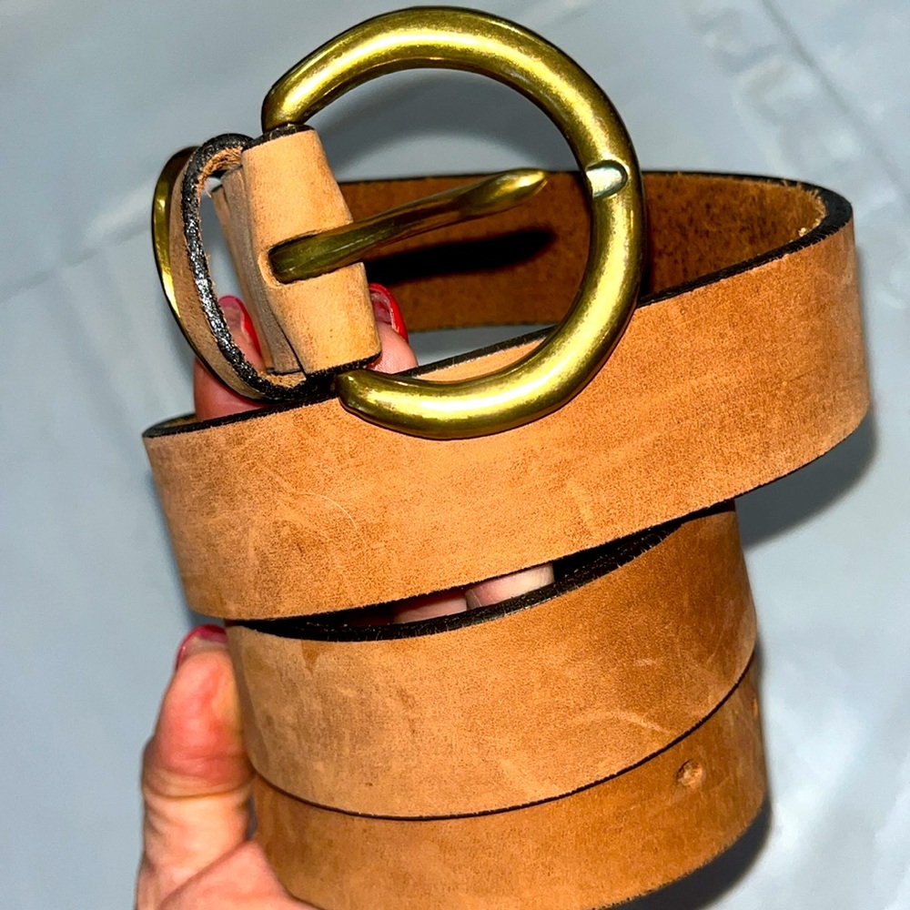 90s Eddie Bauer Brown Leather Belt 30-34” loop brass buckle USA boho western M L